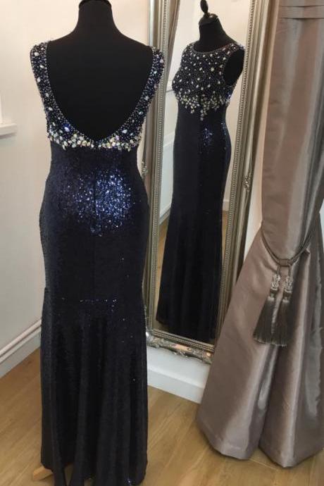 Mermaid Navy Blue Sequins Lace Prom Dresses With Beaded Long Evening Gonws,1882