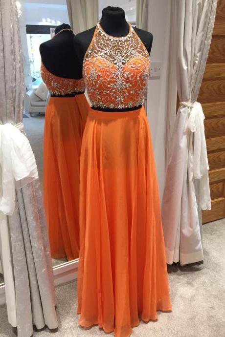 Orange Chiffon 2 Piece Prom Dresses,Two Piece Formal Dresses,Long Prom Dresses for 2017 Prom Season,1885