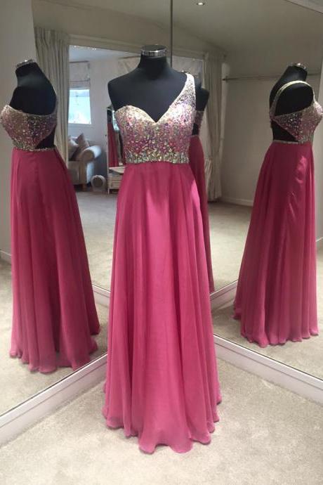 One Shoulder Beaded Bodice Prom Dresses,chiffon Long Formal Dresses For 2017 Prom,1886