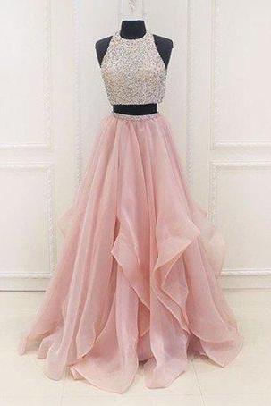 Beaded Bodice Charming Long Prom Dresses Two Pieces 2017 Pageant Dresses Halter Party Evening Gowns,1913