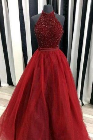 A-line Halter High Neck Prom Dresses,Burgundy Long Formal Dresses,Beaded Pageant Gowns for 2k17 Prom,1931