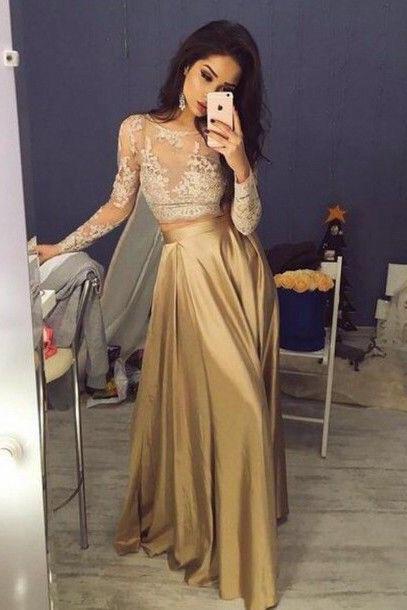 Gold Taffeta Long Sleeves Prom Dresses,lace Formal Dresses,simple Long Pageant Gowns,1933