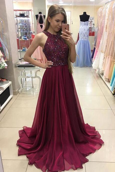 A-line Halter Maroon Chiffon Prom Dresses Crystal Beaded Long Formal Pageant 2017 Dresses.1936