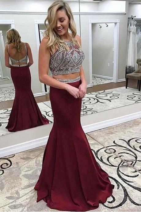 Burgundy Prom Dresses,2 Pieces Prom Dresses,Mermaid Prom Dresses,Long Pageant Gowns,1941