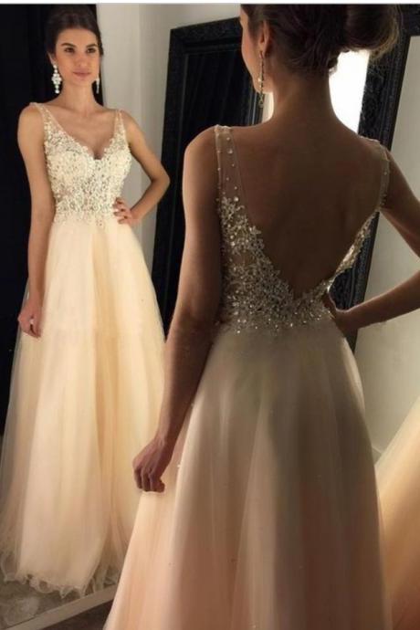 V-neck Prom Dress,long Prom Dress,lace Appliqued Tulle Formal Dress,senior Prom Pageant Gown,1944