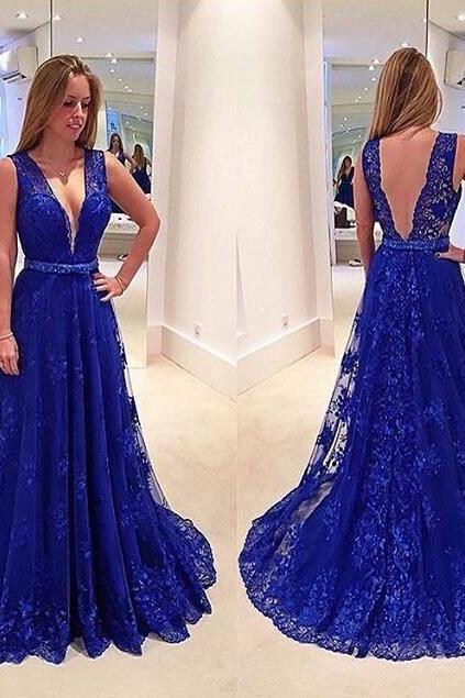 Charming Lace Prom Dress,Royal Blue Prom Dress,Lace Formal Gown,Long Pageant Gown,1946