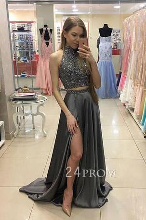 Gray Satin 2 Pieces Prom Dresses,beaded Bodice Long Prom Dresses,senior 2017 Prom Gowns,1960