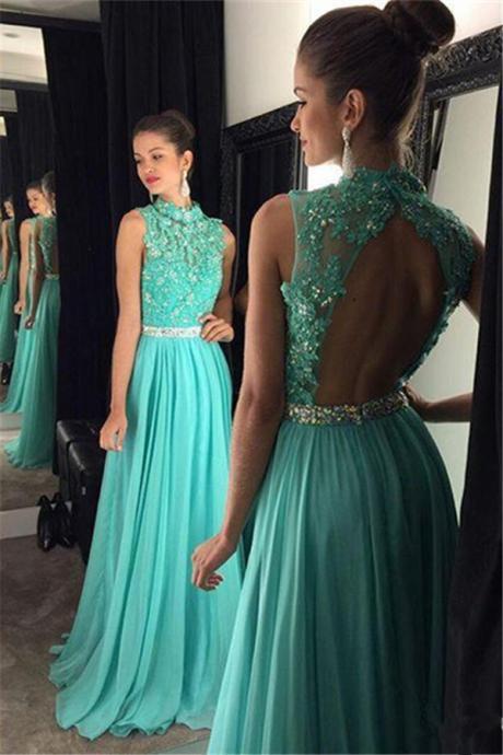 Chiffon With Lace Appliqued Prom Dresses,open Back Prom Dresses With High Neck,long Senior Prom Dresses,1967