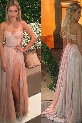 Nude Chiffon Long Prom Dresses With Slit,simple Prom Dresses,2017 Senior Prom Dresses,1975