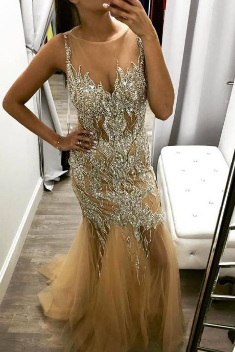 Champagne Tulle With Silver Beaded Prom Dresses,mermaid Prom Dresses,shinny Formal Dresses,1987
