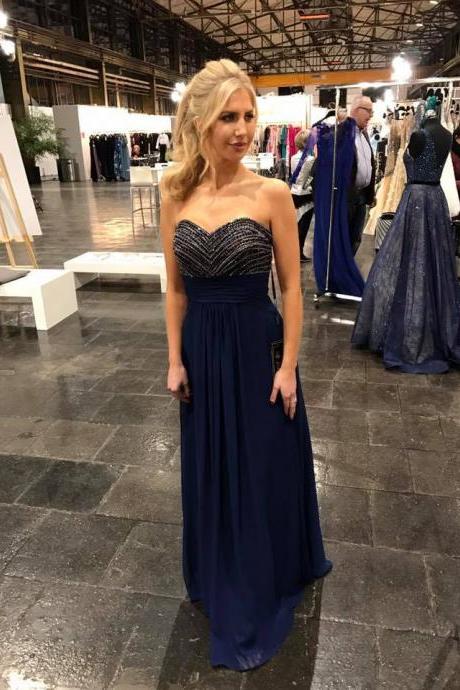 Strapless Sweetheart Neck Navy Chiffon Prom Dresses,beaded Long Prom Dresses,2k17 Prom Gowns,1989