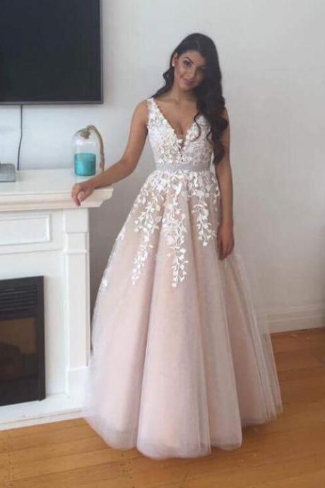 Princess Nude Tulle With White Lace Appliqued Prom Dresses,long Prom Dresses,2k17 Prom Dresses,1994