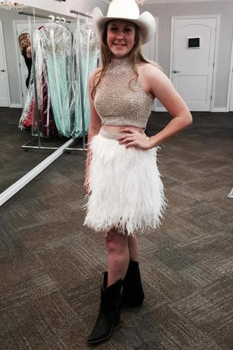 White Feather 2 Pieces Homecoming Dresses,two Pieces Short Prom Dresses,2027