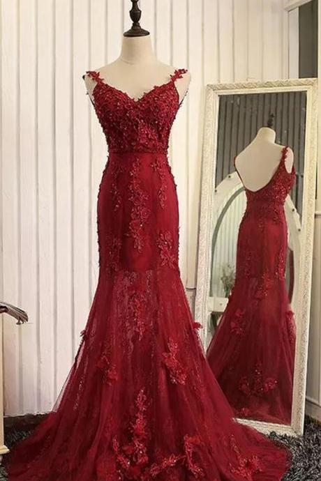 Burgundy Lace Appliqued Prom Dresses,Mermaid Prom Dresses,Spaghetti Strap Evening Dresses,2044