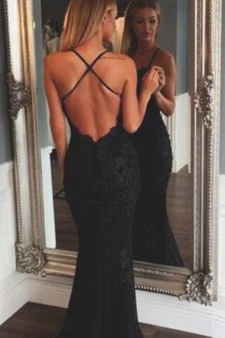 Black Mermaid Evening Dresses,sexy Open Back Prom Dresses,spaghetti Strap Lace Formal Dresses,2045