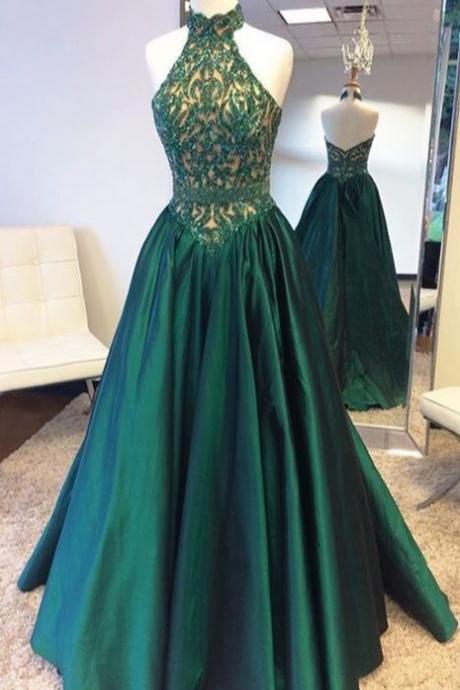 Dark Green Satin Prom Dresses,beaded Bodice High Neck Formal Dresses,long Pageant Dresses,2047