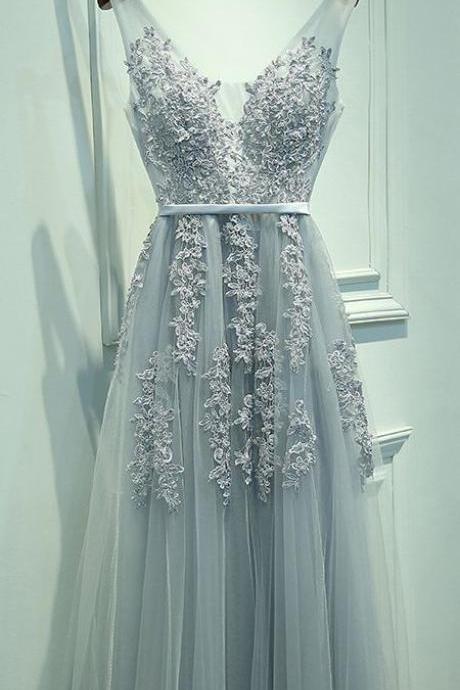 Lace Appliqued Silver Prom Dresses,v-neck Formal Dresses,2017 Pageant Dresses,2048