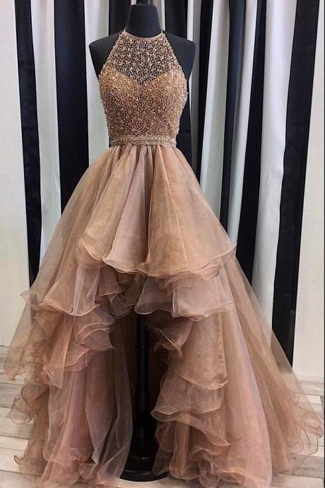Beaded High Low Prom Dresses,2017 Senior Prom Gowns,halter Pageant Dresses,organza Formal Dresses,2065