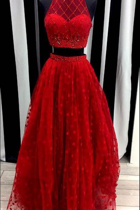 Red Two Pieces Prom Dresses,fishnet Beaded Formal Dresses,2017 Senior Pageant Dresses,2 Pieces Party Gowns,2066