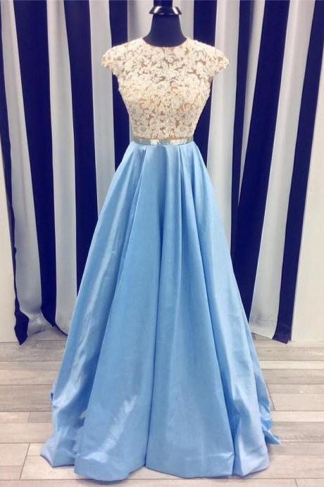 Ivory Lace Appliqued And Beaded Prom Dresses,blue Satin Long Formal Dresses,2017 Pageant Gowns,2068