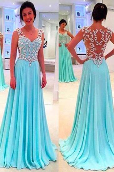 Blue Chiffon Long Prom Dresses,sweetheart Neck Pageant Dresses,embroidery Senior Prom Formal Dress,2074