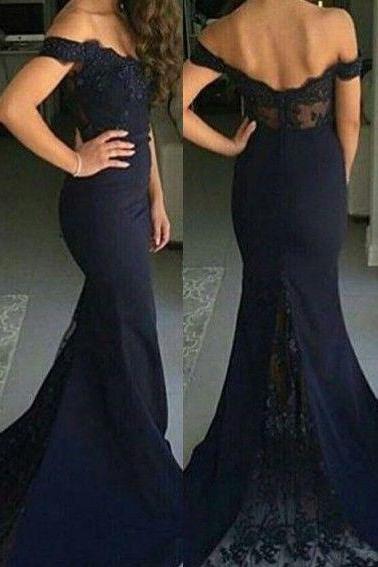 Off the shoulder navy blue bridesmaid dresses,mermaid prom dresses,lace appliqued formal dress,2076