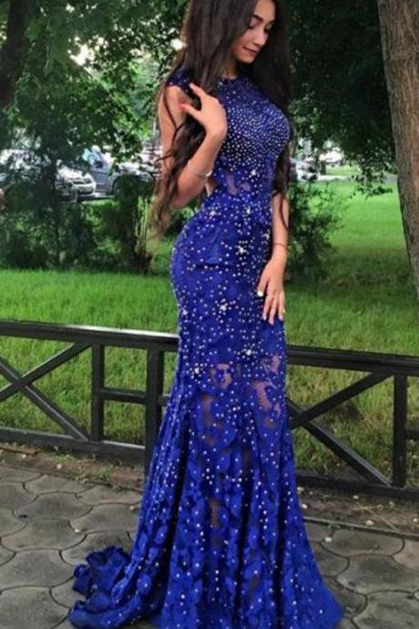 Royal Blue Lace Prom Dresses,Mermaid Formal Dresses,Sexy Open Back Pageant Gowns,2008