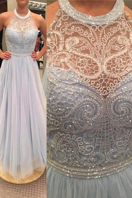Light Sky Blue Tulle With Beaded Prom Dress,halter Pageant Dress,2017 Formal Prom Dress,2085