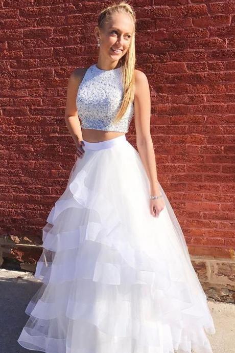 White 2 Pieces Prom Dress,shinny Beaded Formal Dresses,2k17 Senior Prom Dress,two Pieces Pageant Gown,2096