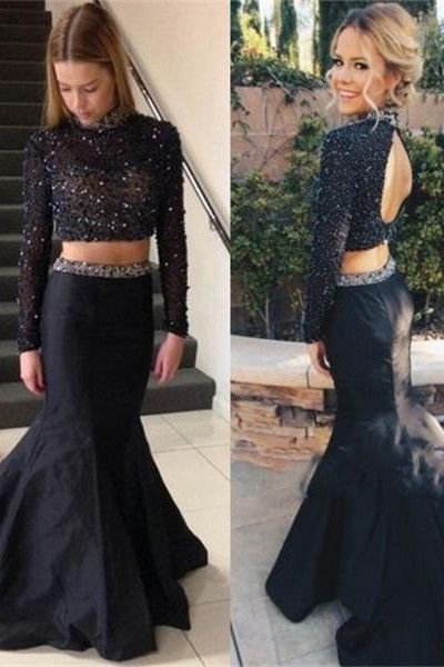 Black Prom Dress with Long Sleeves,2 Pieces Prom Dress,Mermaid Formal Dress,Sexy Pageant Gown,2100