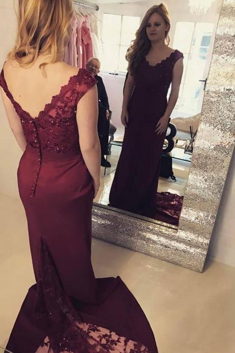Burgundy Satin Mermaid Prom Dress With Sweep Train,lace Appliqued Formal Dresses,evening Gowns,2106