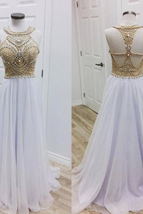 White Chiffon Gold Beaded Prom Dress, 2017 Pageant Dress,long Formal Party Dress.2090