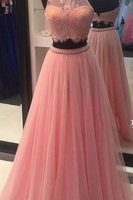 High Neck Two Pieces Prom Dress,pink 2 Pieces Formal Dress,vintage Lace Pageant Dress,2118