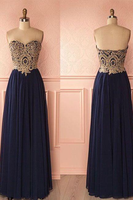 Navy Blue Chiffon Gold Lace Appliqued Prom Dress,Strapless Formal Dress,Long Cheap Bridesmaid Dress,2120