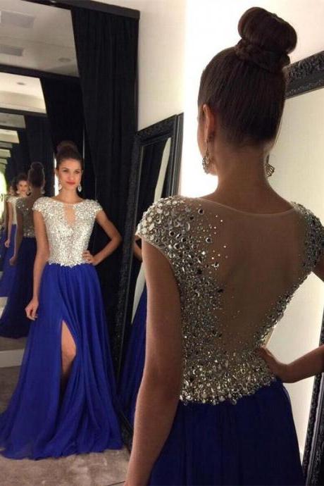 Silver Beaded Prom Dress With Cap Sleeves,royal Blue Chiffon Formal Dress,slit On Skirt Pageant Dress,2126