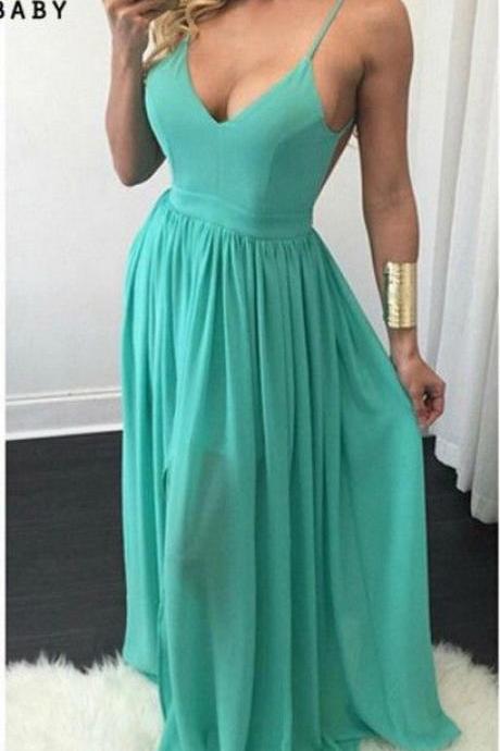 Spaghetti Strap Mint Green Chiffon Prom Dress, Formal Dress,long Prom Dress,2128