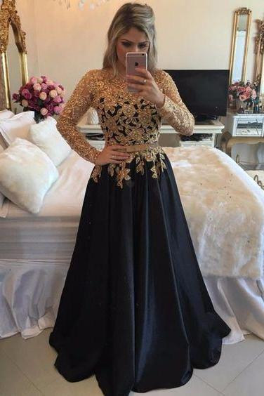 Gold Lace Appliqued Long Sleeves Prom Dress,black Formal Dress,senior Prom Dress,2130