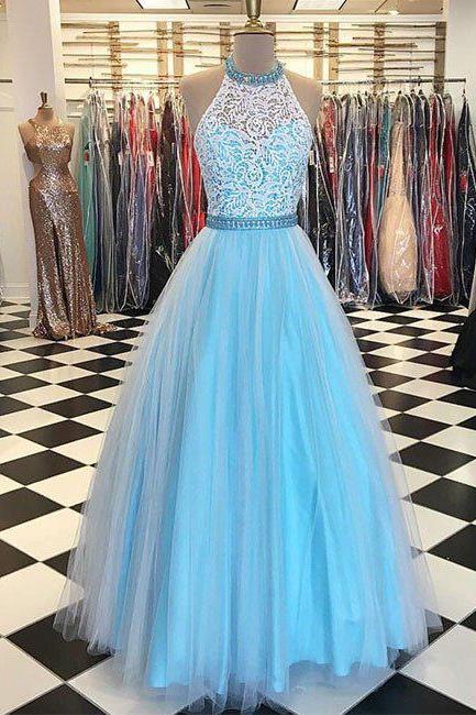 Blue Tulle White Lace Prom Dress,halter High Neck Pageant Dress,formal 2017 Prom Dress,2131