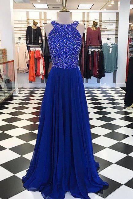 A-line Halter Royal Blue Chiffon Prom Dress,beaded Long Prom Dress,halter Senior Pageant Dress,2133