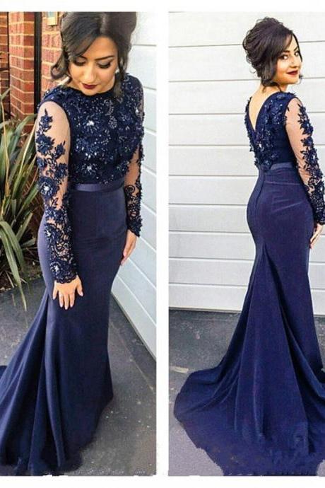 Long Sleeves Prom Dress,lace Appliqued Formal Dresses,mermaid Evening Dress,navy Prom Dress,2135
