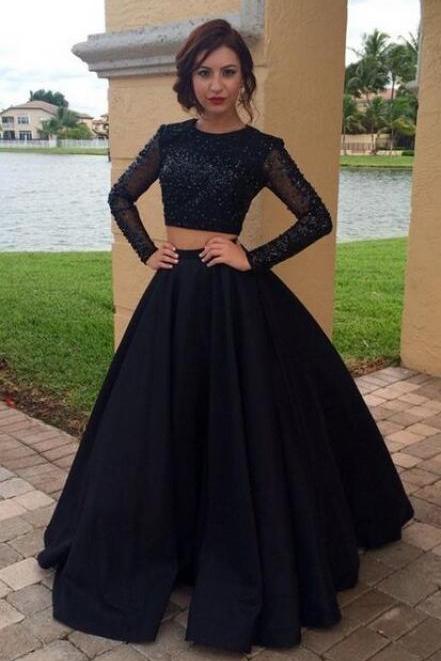 Long Sleeves 2 Pieces Prom Dress,black Shinny Pageant Dress,two Pieces Formal Dress,2141