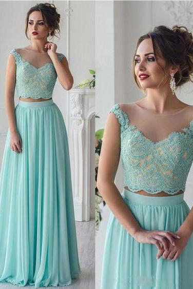 Mint Chiffon Lace Top Prom Dress,2 Pieces Prom Dress,Long Two Pieces Formal Dress,2149