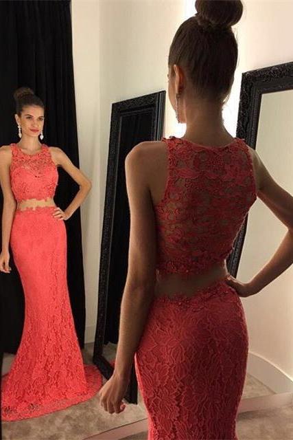 Mermaid Lace Prom Dress,Two Pieces Prom Dress,Watermelon Long Formal Dress,2017 Pageant Dress,2153