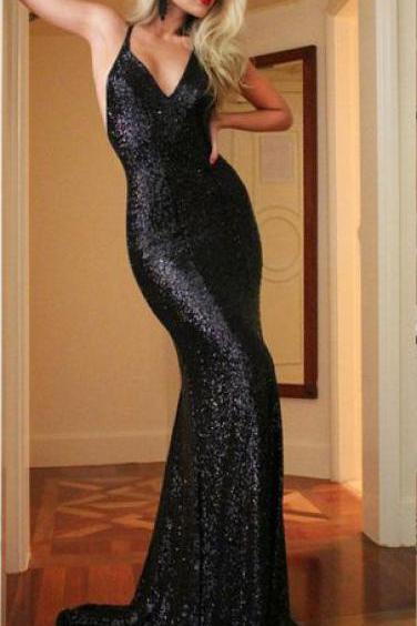 Black Sequins Cute Prom Dress,mermaid Sexy Evening Dress,backless Formal Dress With Sweep Train,2154