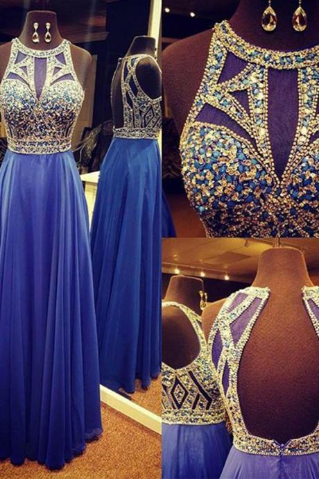 Beaded Bodice Royal Blue Chiffon Prom Dress, 2017 Formal Prom Dress,cute Pageant Gown,2157