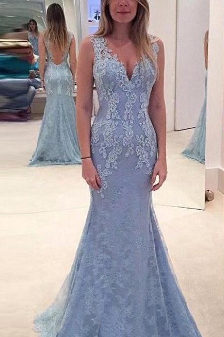 Mermaid Lace Prom Dress,deep V-neck Open Back Formal Dress,long Prom Dress,2160