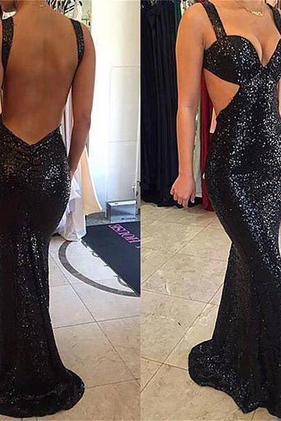 Black Sequins Lace Sexy Prom Dress,mermaid Evening Dress,backless Formal Dress,2163