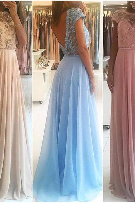 A-line Lace Bodice Chiffon Cap Sleeve Prom Dress,Long Bridesmaid Dress,2017 Formal Dress,2166