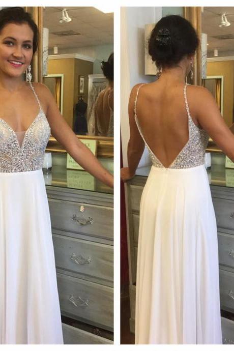 Spaghetti Strap Deep V-neck White Prom Dress,beaded Bodice Formal Dress,pageant Dress,2169