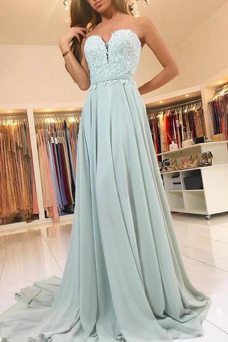 Strapless Chiffon with Lace Appliqued Simple Prom Dress,Long Bridesmaid Dress,Cheap Prom Gown,2171